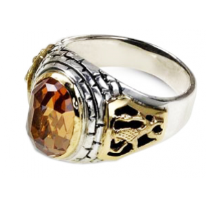 Rafael Jewelry Sterling Silver Ring with Yellow Gold Lion of Judah & Jerusalem Motif and Champagne Stone Jewish Jewelry