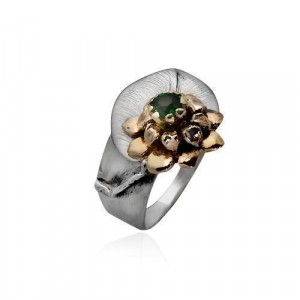 Rafael Jewelry Flower Ring in Sterling Silver and 9k Yellow Gold with Emerald Jewish Jewelry
