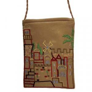 Yair Emanuel Designed Embroidered Handbag with Golden Jerusalem Design Israeli Souvenirs