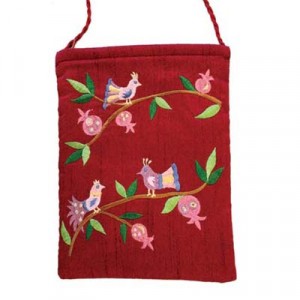 Embroidered Maroon Handbag with Bird and Pomegranate Motif by Yair Emanuel Israeli Souvenirs