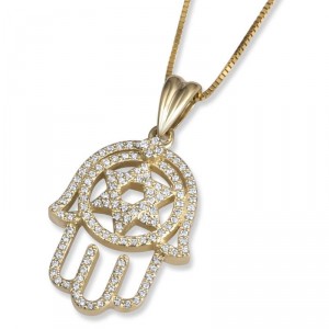 14K Gold Star of David and Hamsa Pendant with Diamonds Jewish Necklaces