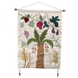 Yair Emanuel White Raw Silk Embroidered Small Wall Decoration with Seven Species Yair Emanuel