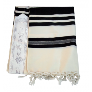 White Shabbat Wool Tallit with Tight Weave and Black Stripes Default Category