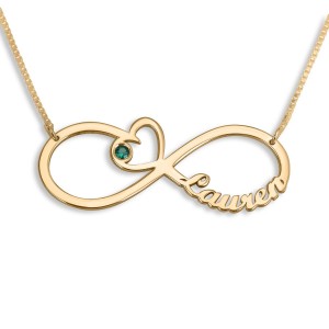 24K Gold-Plated English/Hebrew Infinity Necklace With Birthstone and Heart Hebrew Name Jewelry