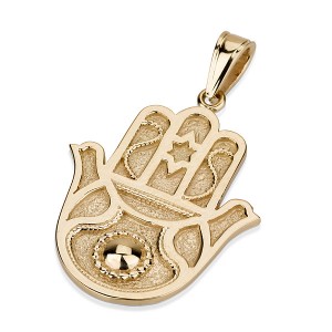 14k Yellow Gold Hamsa Pendant with Raised Scrolling Lines and Star of David Jewish Necklaces