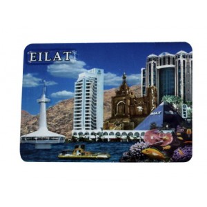 Rectangular Plastic Magnet with Eilat Landmarks and English Text in White Jewish Magnets