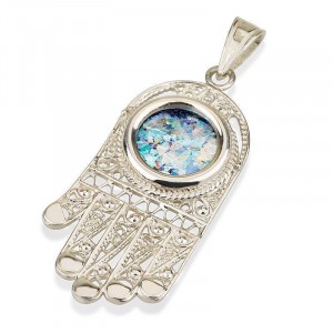 Hamsa Amulet in Silver with Roman Glass Jewish Jewelry