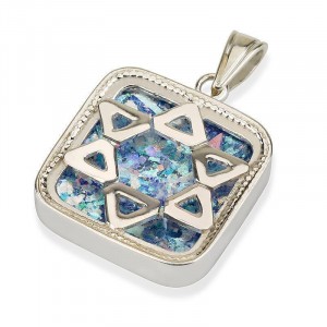 Star of David Pendant in Silver Square with Roman Glass Jewish Jewelry