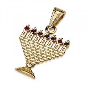 Menorah Pendant in 14K Gold and Ruby Gemstones   Jewish Jewelry