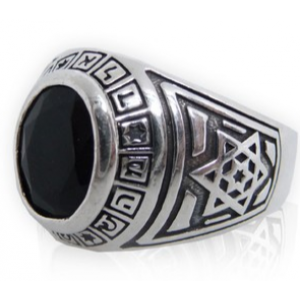 Ring with Divine Names of Hashem, Magen Davids & Onyx Gemstone Jewish Jewelry