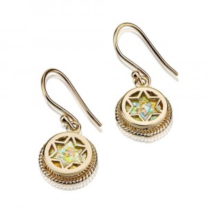 Earrings with Star of David and Roman Glass in 14k Yellow Gold Jewish Jewelry