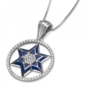 Star of David Pendant in 14K White gold & Blue Enamel with Center Diamonds Jewish Necklaces
