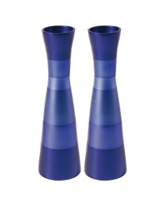 Yair Emanuel Anodized Aluminum Shabbat Candlesticks with Blue Stacked Rings Jewish Occasions